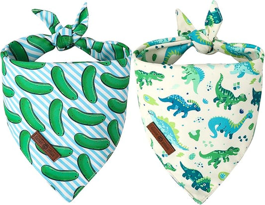 Lionet Paws Summer 2pcs Dog Bandanas, Dinosaur Dog Scarf Bib Premium Fabric, Happy Cucumbers Blue Bandanas for Medium Large Dogs Pets