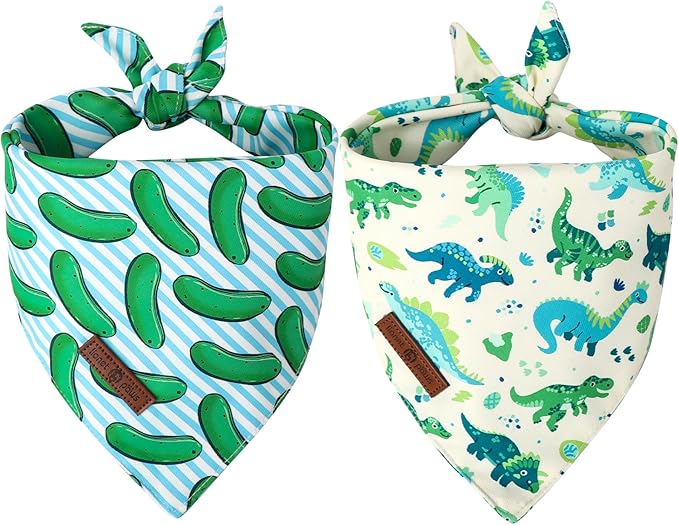 Lionet Paws Summer 2pcs Dog Bandanas, Dinosaur Dog Scarf Bib Premium Fabric, Happy Cucumbers Blue Bandanas for Small Medium Dogs Pets