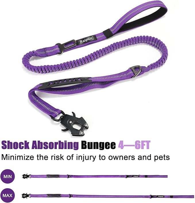 Raipult Shock Absorbing Tactical Dog Leash, 4-6FT Heavy Duty Bungee Leash, Anti-Pull Elastic Training Lead with Car Seatbelt & 2 Handles for Medium Large Dogs,Purple