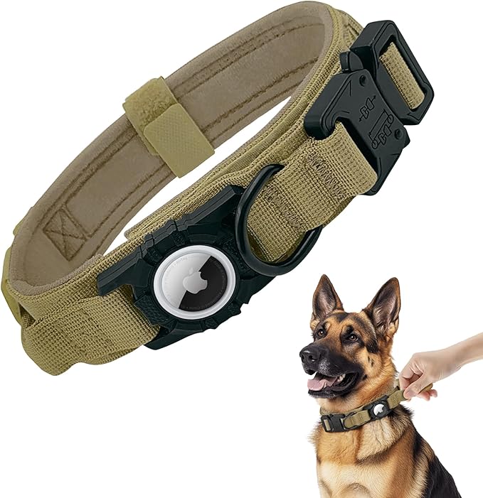 Tactical AirTag Dog Collar - Heavy Duty, Adjustable GPS Collar Compatible with Apple AirTag, with Holder & Control Handle for Medium/Large Dogs [ Brown, L ]