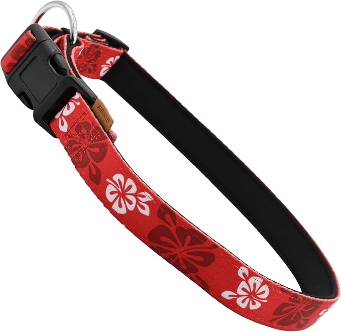 Dog Collar, Cute Floral Pattern, Neoprene Padded and Adjustable Collar with Quick Release Buckle, Reinforced Structure (L (Neck 18-28", Width 1"), Hawaiian Red)