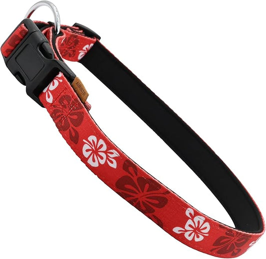 Dog Collar, Cute Floral Pattern, Neoprene Padded and Adjustable Collar with Quick Release Buckle, Reinforced Structure (L (Neck 18-28", Width 1"), Hawaiian Red)