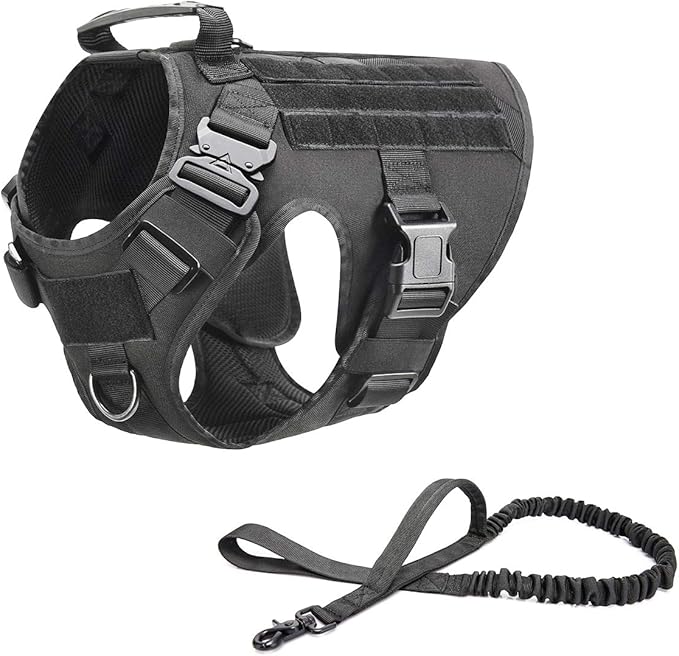 Tactical Dog Harness Vest with Handle Military Working Training Molle Vest with Metal Buckles & Loop Panels for Large Dogs for Walking Hiking Hunting Training Free Bungee Dog Leash (Black L)