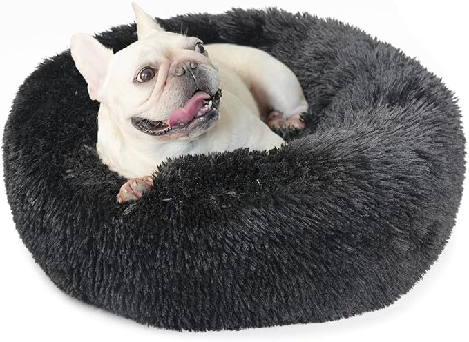 Black Dog Bed for Small Dogs Washble Calming 23 Inch Fluffy Plush Black Dog Bed Round Donut Machine Washable Small Pet Bed