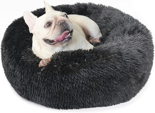 Black Dog Bed for Small Dogs Washble Calming 23 Inch Fluffy Plush Black Dog Bed Round Donut Machine Washable Small Pet Bed