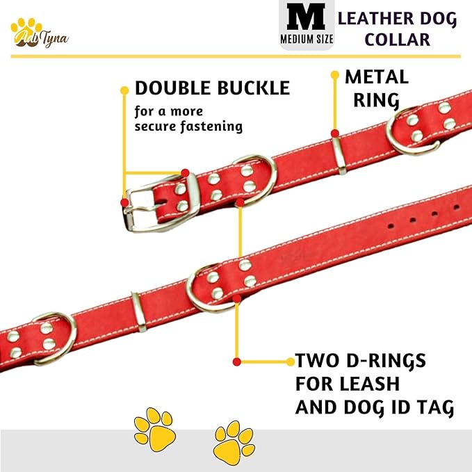ADITYNA Heavy Duty Leather Dog Collar - Soft and Strong Red Dog Collar for Medium Breeds (Medium: Fit 13" - 20" Neck, Red)