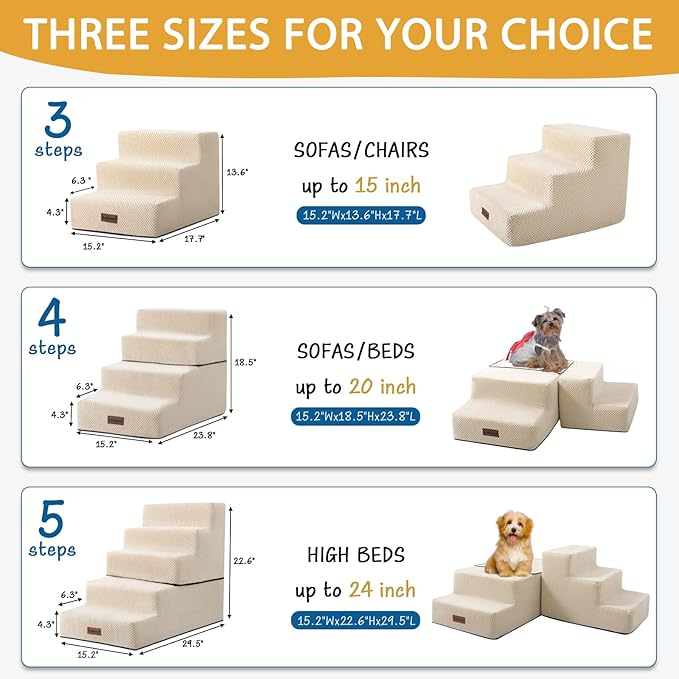Dog Stairs for Small Dogs & Cats, 3-Step Non-Slip Pet Steps for Couch Sofa and Chair, Beige, 13.6" H