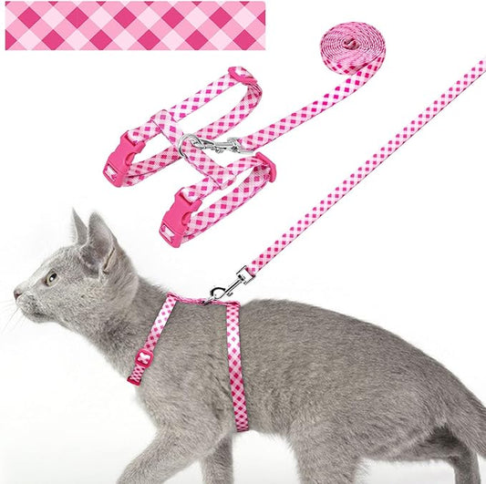azuza Cat Harness and Leash Set for Safe Walking and Travel, Escape Proof Cat Harness, Lightweight Soft and Comfortable, Adjustable Kitten Harness for Small Medium Large Cats, Pink Plaid