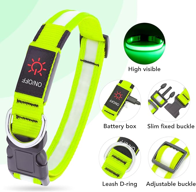 Vizpet LED Dog Collar, Light Up Dog Collar Adjustable USB Rechargeable Super Bright Safety Light Glowing Collars for Dogs(Medium,Green)