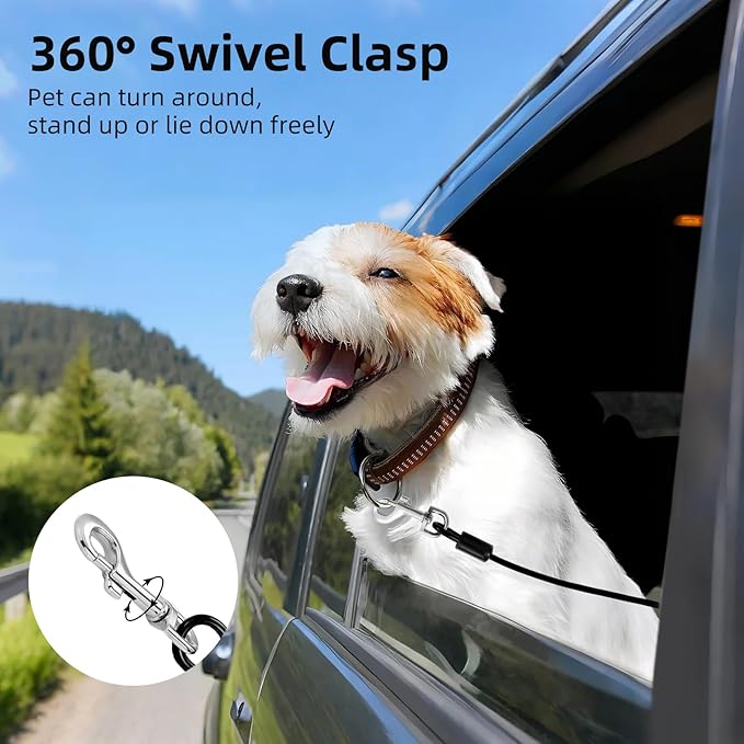 Dog Seat Belt for Car, 16" Chew-Proof Coated Wire Dog Car Leash Seat Belt, Dog Leash with Buckles and Latch, Safety Harness for Small, Medium, Large Dog or Cat, Travel, Black, 1 Pack