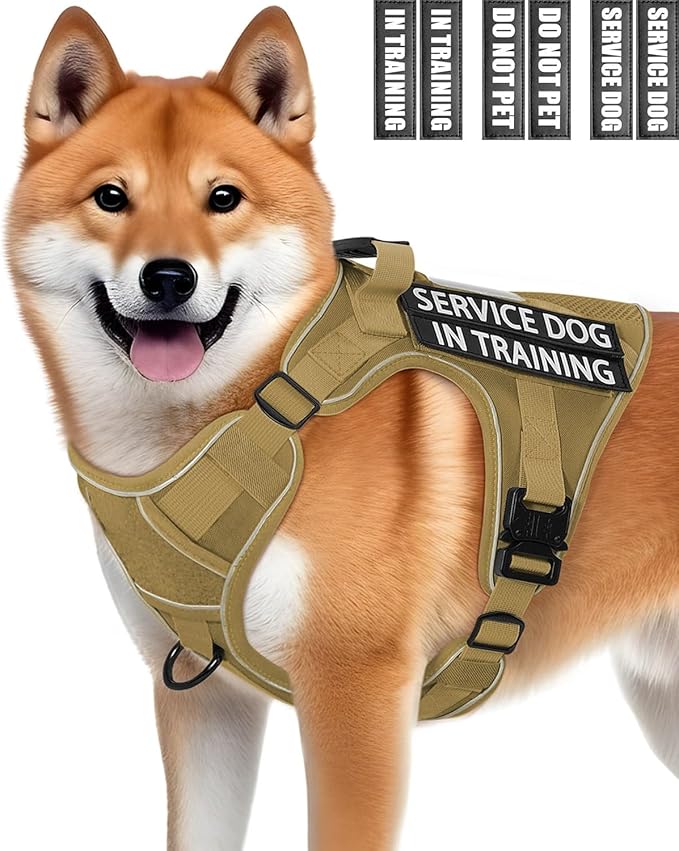Reflective Brown Service Dog in Training Vest Harness for Medium Dogs, Adjustable Heavy Duty Padded Dog Harness, with Front Clip and Metal Buckles Do Not Pet for Training, Hiking