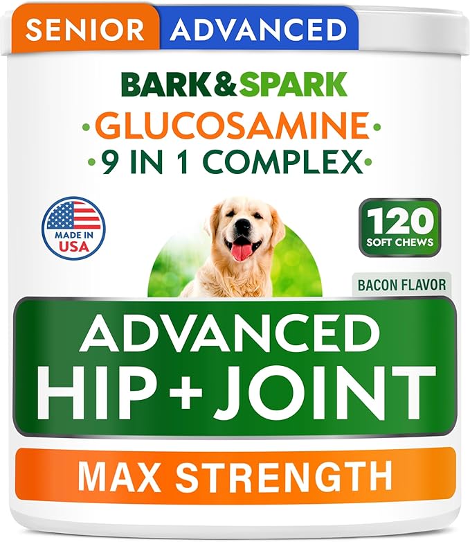Bark&Spark Senior Advanced Glucosamine Chondroitin for Dogs - Hip Joint Pain Relief - Old Dog Joint Chews Large & Small Breed - Hip Joint Chews Joint Health Care Treats - 120Ct