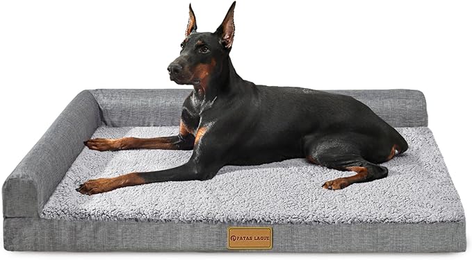 Patas Lague Orthopedic XL Dog Bed for Large Dogs 42''X28'', Waterproof L Shaped Big Large Pet Sofa Beds with Removable Washable Cover, Soft Comfortable Pet Couch Mat with Nonskid Bottom, Grey