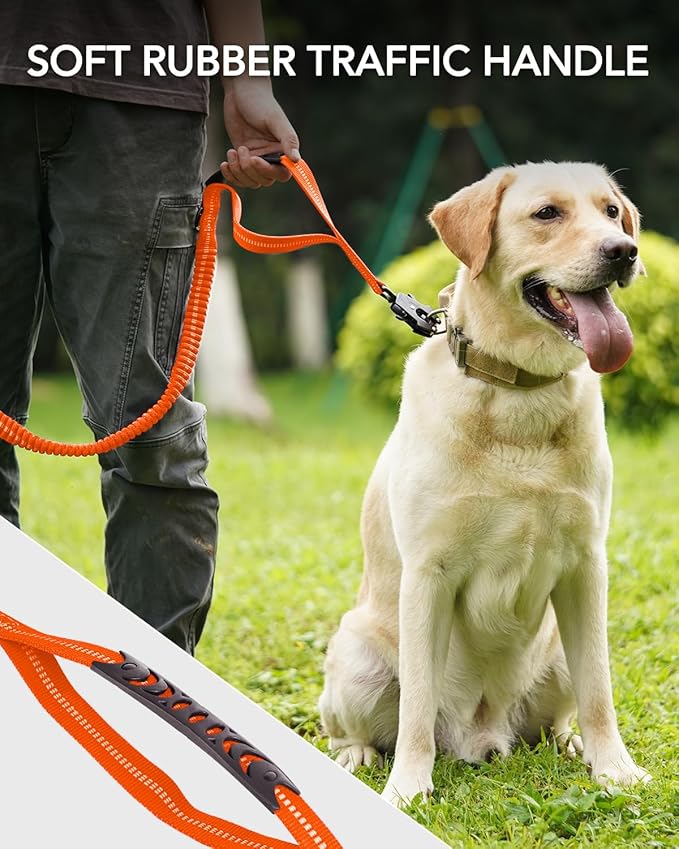 Joytale Tactical Dog Leash Heavy Duty, 4-6FT Shock Absorbing Bungee Lead with 2 Padded Handle, Metal Carabiner Clip, Car Seatbelt, Strong No Pull Leash for Medium Large X-Large Dogs, Orange