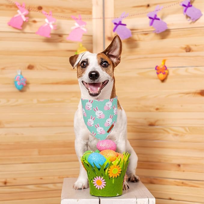 ADOGGYGO Easter Dog Bandana, Eggs Bunny Pet Scarf, Premium Durable Fabric, Adjustable Fit White Green Holiday Easter Bandanas for Small Dogs (Small)