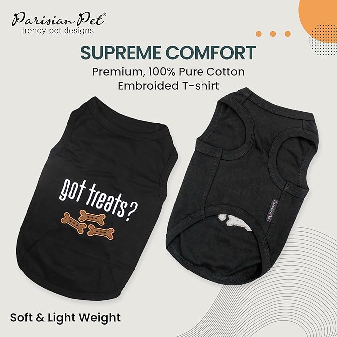 Parisian Pet Dog Tshirt - Embroidered “ Got Treats? “ Tank Top - 100% Cotton and Lightweight Dog Clothes - Sleeveless Black Tee Shirts - Machine Washable Shirt for Small Dogs - Pet Vest - XS