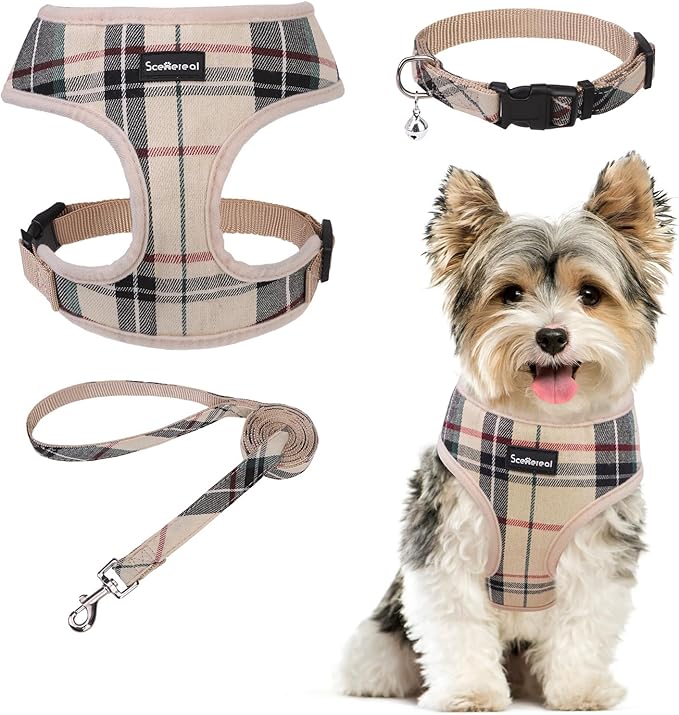 SCENEREAL No Pull Dog Harness Collar and Leash Set Small Medium Sized Dog, Soft Mesh Step in Puppy Harnesses, No Chock Plaid Adjustible Pet Vest for Outdoor Walking Training and Running, Beige XS