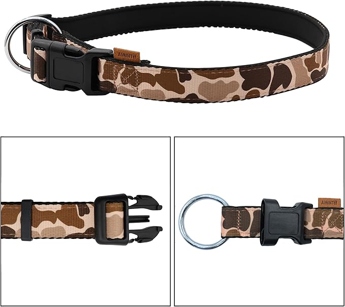 Dog Collar, Cute Floral Pattern, Neoprene Padded and Adjustable Collar with Quick Release Buckle, Reinforced Structure (L (Neck 18-28", Width 1"), Camouflage Brown)