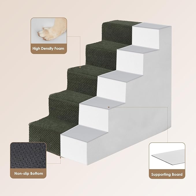 EHEYCIGA Dog Stairs for High Bed 22.5”H, 5-Step Dog Steps for Bed, Pet Steps for Small Dogs and Cats, Non-Slip Balanced Pet Ramp Indoor, Olive Green