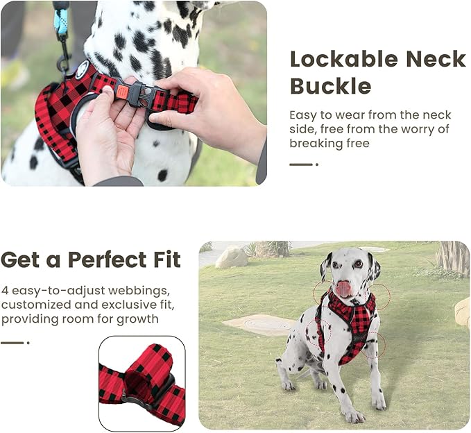 FURRYFECTION Plaid Dog Harness for Small Dogs | No Pull Reflective Pet Harness | No Choke Adjustable Dog Vest Harnesses | with Leash | Easy Control Handle | Front Lead | Seat Belt | Red&Black | S