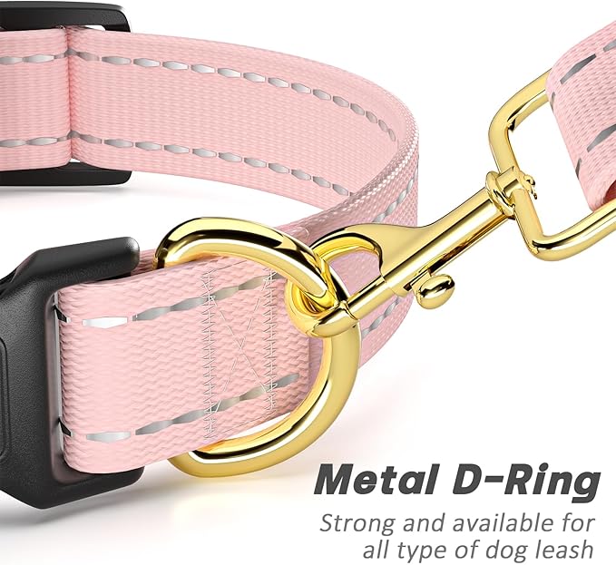Reflective Dog Collar for Large Dogs, Cute Adjustable Heavy-Duty Nylon Puppy Collars for Boy and Girl Female, Soft Pet Accessories with Quick Release Buckle, Neck 16-24", Pink