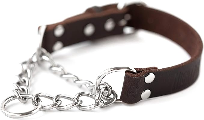 Mighty Paw Martingale Dog Collar - No Pull Design - Stainless Steel Chain - Limited Chain Cinch Training - Brown Leather Martingale Training Collar - Small Size