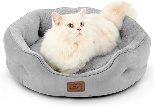 Bedsure Dog Beds for Small Dogs - Round Cat Beds for Indoor Cats, Washable Pet Bed for Puppy and Kitten with Slip-Resistant Bottom, 20 Inches, Pale Grey