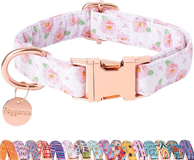 Faygarsle Pink Rose Pattern Dog Collar for Small Medium Large Dogs Cute Puppy Collars for Female Dogs for Summer Spring Wedding Necklace Girl Dog Collar L