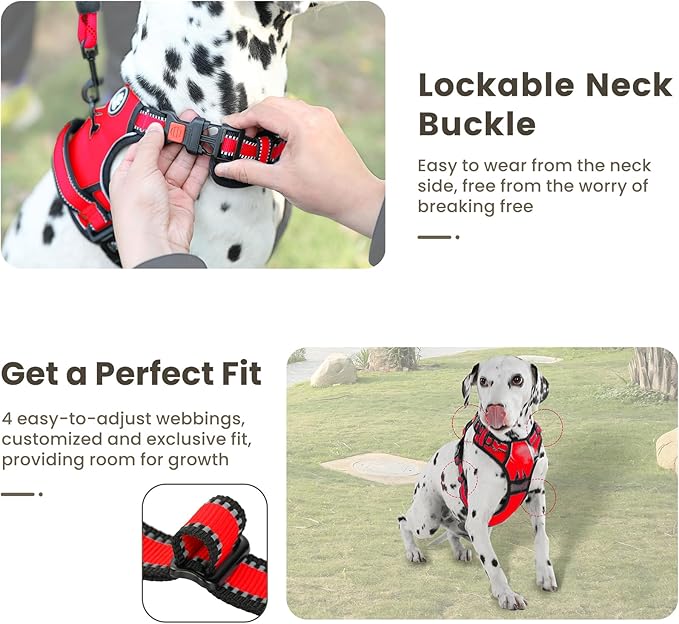 FURRYFECTION Dog Harness | No Pull Dog Harness | Reflective Oxford | Padded Handle | 4 Adjustable Straps | 2 Leash Clips | No Choke Pet Vest Harness for Small Medium Large Dogs | Red | L