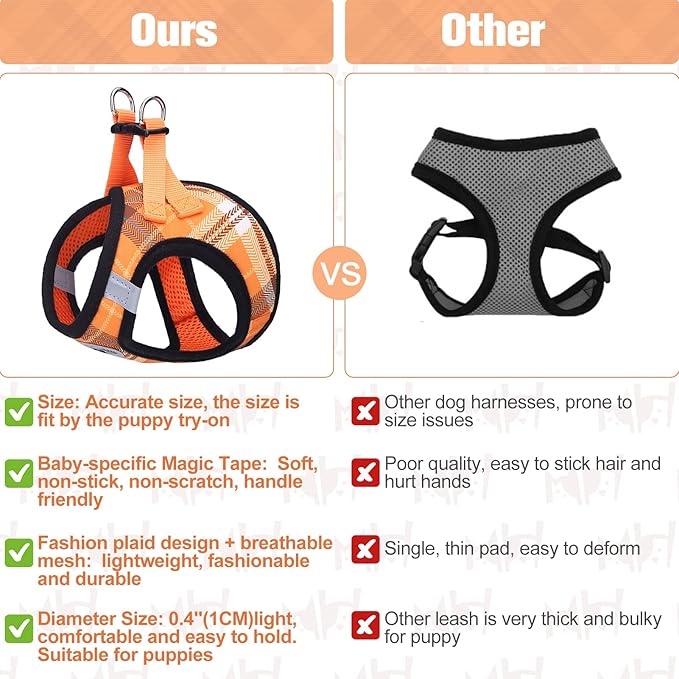 BEAUTYZOO Small Dog Harness and Leash Set,Step in No Choke No Pull Soft Mesh Dog Harnesses Reflective for Extra-Small Medium Puppy Dogs and Cats, Plaid Dog Vest Harness for XS S Pets, Orange XS