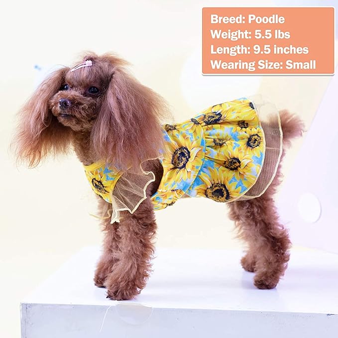 KYEESE Dog Dress for Small Dogs Sunflower Dogs Sundress Tulle with Ruffle Sleeves Dog Apparel