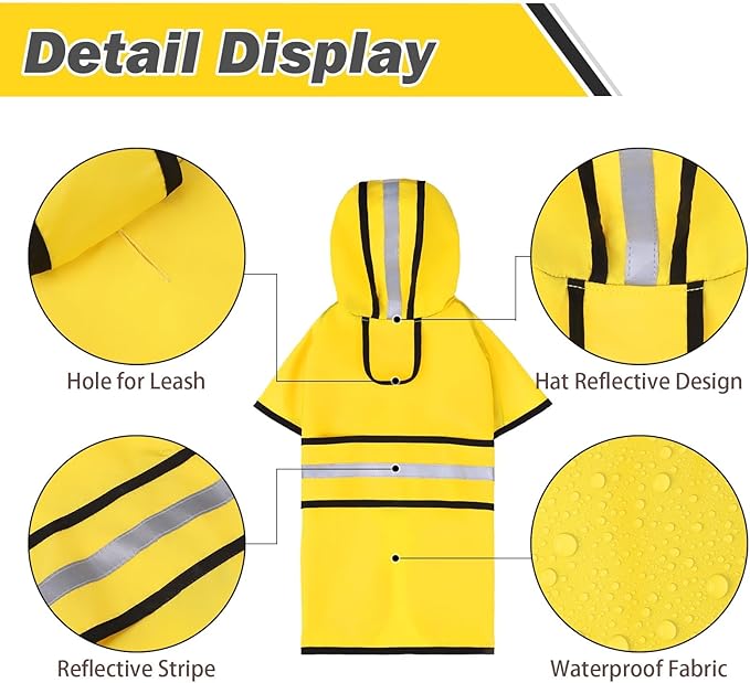 KOOLTAIL Dog Raincoat Hooded Slicker Poncho with Leash Hole, Raincoat for Large Dogs, Waterproof Doggie Rain Jacket with Reflective Strip, Adjustable Breathable Extra Large Rainwear-Yellow Solid