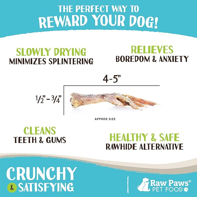 Raw Paws Dried Chicken Feet Dog Treats (50 Pack) - Packed in USA - Dehydrated Chicken Feet for Dogs - Natural, Single Ingredient Chews