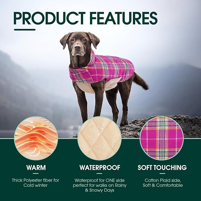 Kuoser Warm Dog Coat, Waterproof Dog Jacket for Extra Large Dogs, Adjustable Durable XXL Doggie Winter Coat Reversible Puppy Cold Weather Apparel from Small to Large Breed, Rose XXL