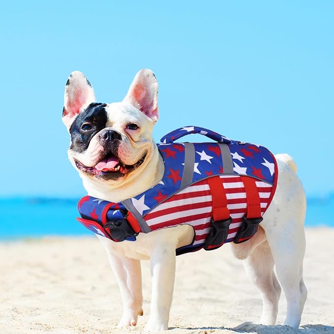 Kuoser American Flag Dog Life Vest for Swimming Boating, Adjustable High Visibility Dog Life Vest with High Flotation Swimsuit