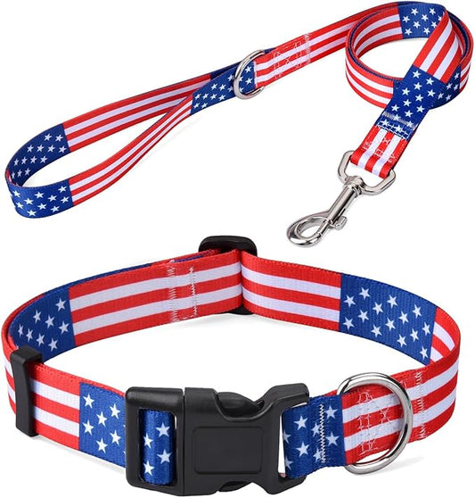 American Flag Dog Collar and Leash Set- Patriotic, US Flag Pattern, Star & Stripes, Fourth of July Dog Collar, Adjustable for Small Medium Large Dogs(Classic US Set,S)