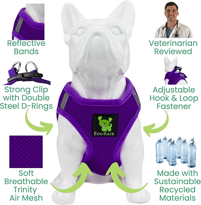 EcoBark Step-in Dog Harness Vest - Reflective Soft Ultra Padded Mesh Dog Harnesses for XXS, XS, Small, and Medium Dogs Eco-Friendly Comfort Secure Halter No Pull Adjustable Pet Vest (X-Small, Purple)