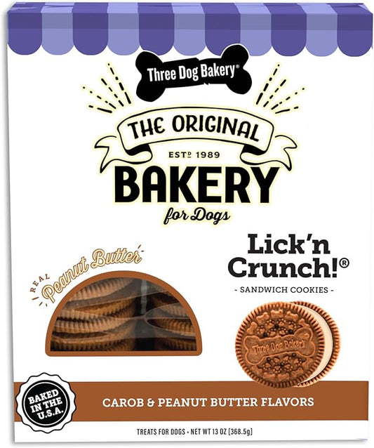 Three Dog Bakery Lick'n Crunch Sandwich Cookies Premium Dog Treats with No Artificial Flavors, Carob and Peanut Butter Flavor, 13 Ounces (Pack of 1)