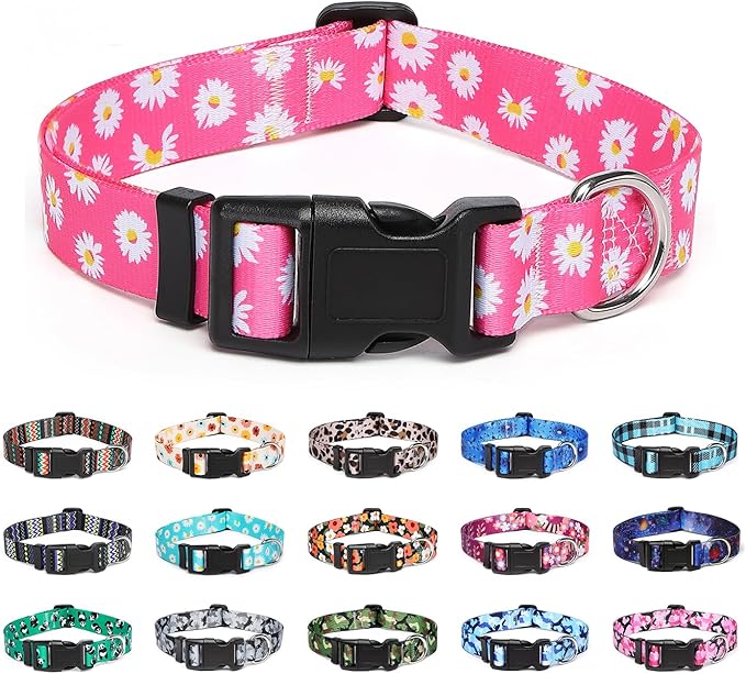 Adjustable Dog Collar with Patterns, Ultra Comfy Soft Nylon Breathable Pet Collar for Small Dogs (XS, Pink Daisy)