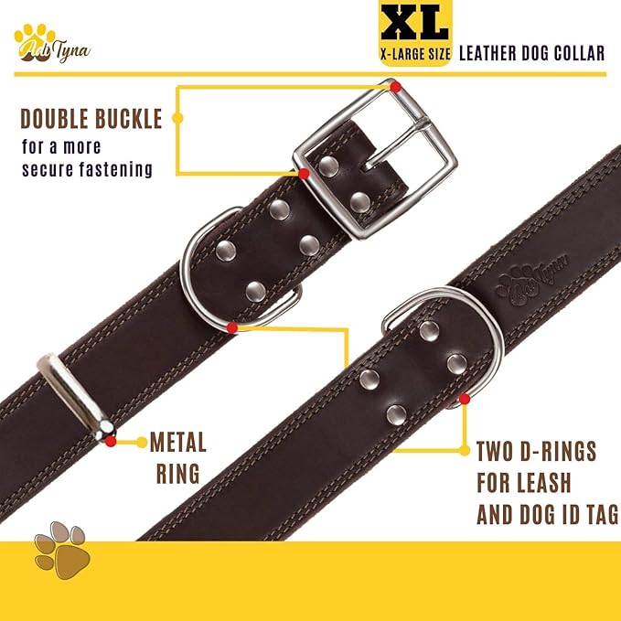 ADITYNA Heavy Duty Leather Dog Collar for Extra-Large Dogs - Soft and Strong Leather Collar for XL Breeds (Extra-Large: Fit 22" - 30" Neck, Brown)