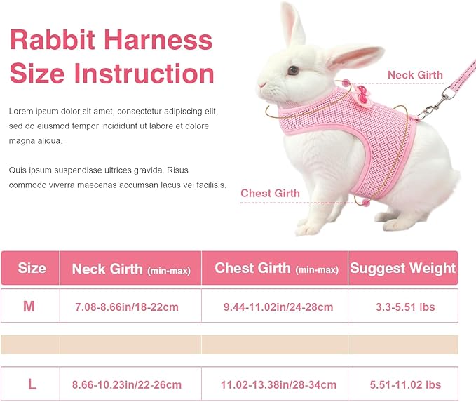Rabbit Harness and Leash Set with Cute Bow tie Buckle Breathable Mesh Vest Harness for Rabbits Kitten Small Pets Pig Walking(M: Chest Girth 9.44-11.02IN, Pink)