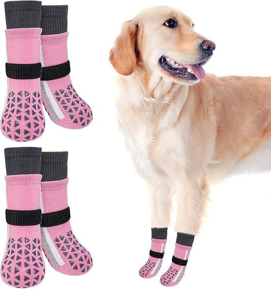 SCENEREAL Anti Slip Dog Socks for Hot Pavement to Prevent Licking Paws, Long Sporty Style Reflective Dog Grip Socks for Hardwood Floors, Dog Shoes Booties&Paw Protector for Large Senior Dog, Pink XL