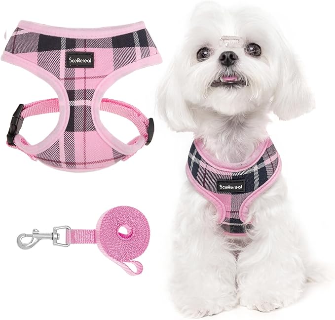 SCENEREAL Puppy Dog Harness with Leash Set for Small Medium Sized Dogs, Soft Mesh Step in Pet Harnesses and Leash, No Chock Plaid Adjustible No Pull Vest for Dogs Cats, Chihuahua,Bulldog (Pink XS)