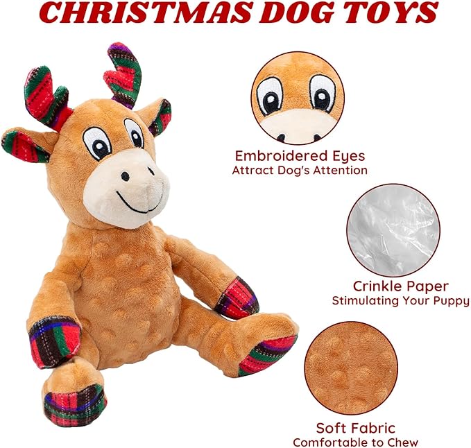 Dog Toys Squeaky Interactive Puppy Teething Chew Toy Deer Shape Stuffed PP Cotton Crinkle Sound Paper Tail, for Large Medium Small Breeds Indoor Outdoor Play