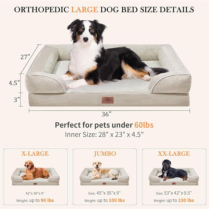 Comfort Expression Waterproof Dog Beds for Large Breed Dogs, Large Dog Beds Orthopedic Foam, Comfy Pet Bed Sofa with Washable Removable Cover & Non-Slip Bottom(Beige)