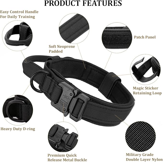 Tactical Dog Collar with Handle - Military Adjustable Dog Training Collar Soft Nylon and Heavy Duty Metal Buckle for Medium Large Dogs - with Patch (Black, Large)