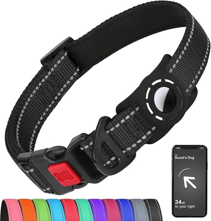 Airtag Dog Collar with AirTag Holder for Large Dogs, Reflective, Soft Padded & Safety Locking Buckle, Nylon Pet Collars Adjustable for All Breeds, Black,XL
