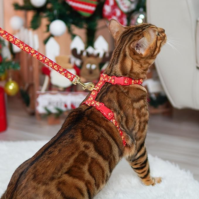 azuza Christmas Cat Harness and Leash Set for Safe Walking and Travel, Reindeer Print Cat Harness Escape Proof Lightweight Size Adjustable Soft Material for Small Large Cats