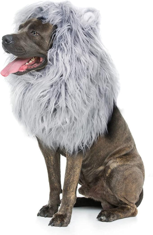 Onmygogo Lion Mane Wig for Dogs with Ears, Funny Pet Costumes for Halloween Christmas (Size L, Grey with White)