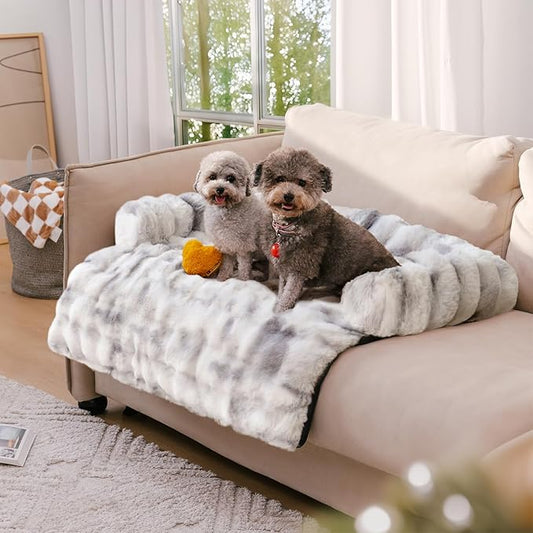 FUNNYFUZZY Calming Dog Bed Mat, Fluffy Fuzzy Couch Cover for Sofa, Furniture Protector with Removable Washable Cover for Small Dogs and Cats (Tie-dye Grey,33.45 × 28.35 × 5.51 in)